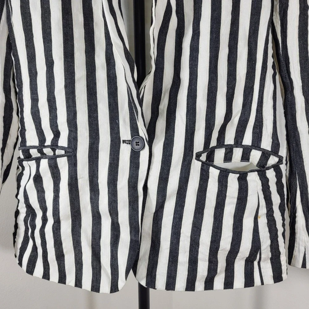 HM Womens Black White Striped Linen Blend Blazer Jacket Size 6 Single Button
